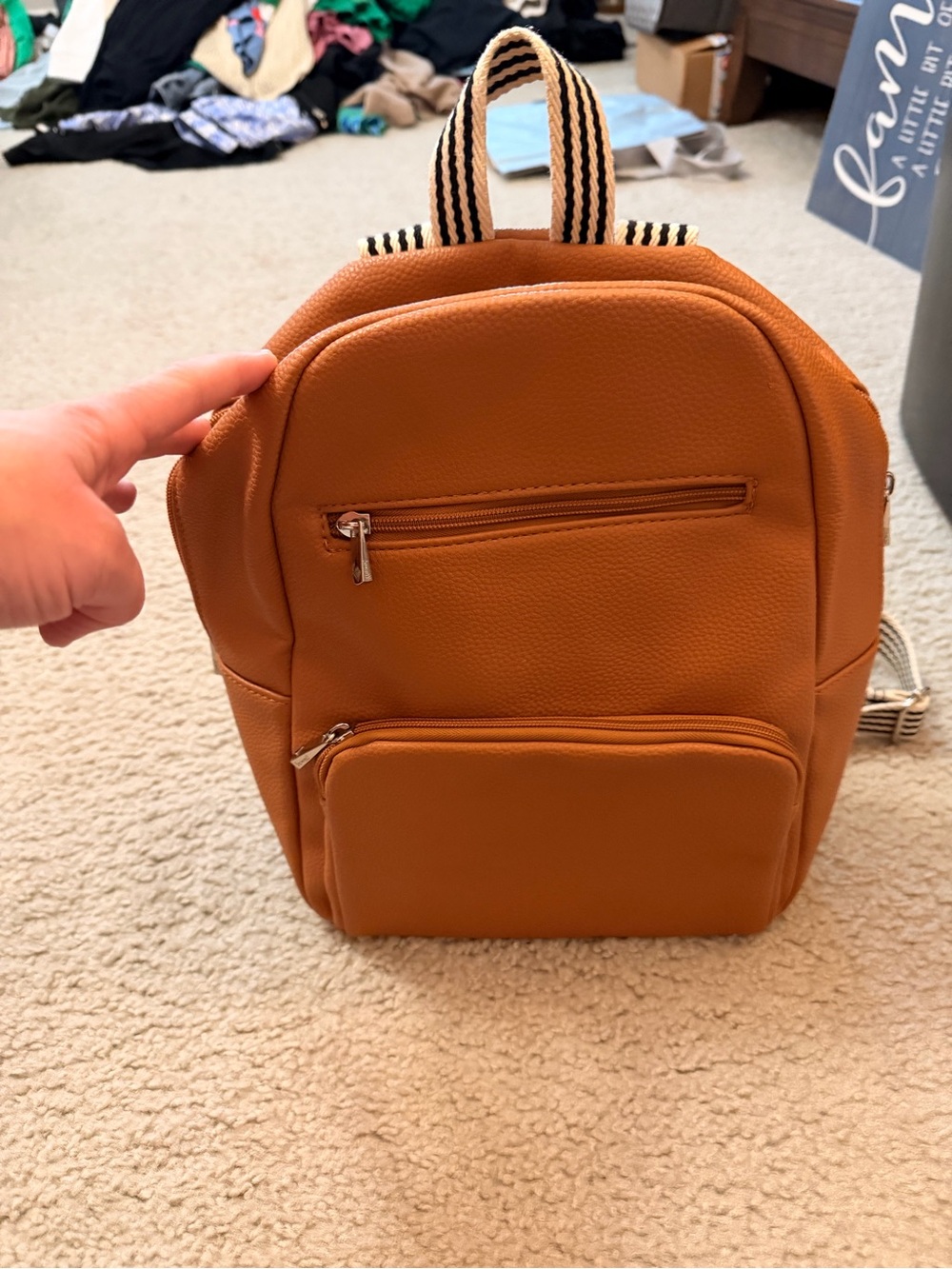 thirty-one Caramel Tan Mini Backpack with Striped Handle